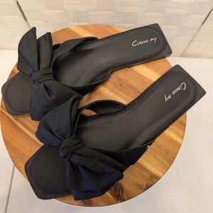 Circus NY Black Bow Square Toe Slip‎ On Sandals Flats